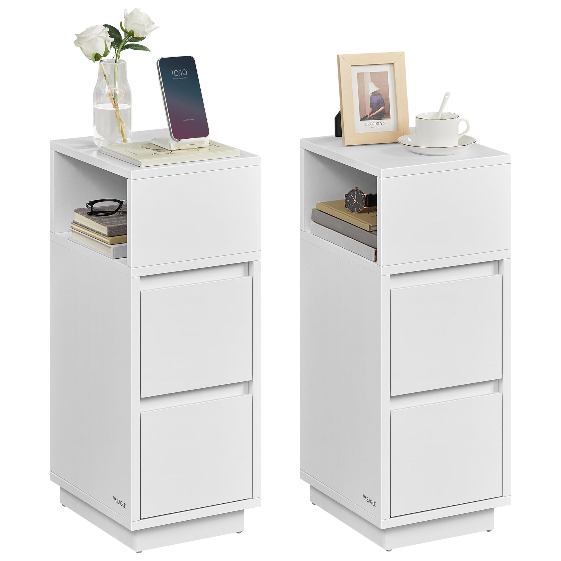 VASAGLE Nachttisch 2er Set – 2 Schubladen, Wolkenweiss LET856W01. Zwei rechteckige, wolkenweiße Nachttische mit je zwei Schubladen; dient als Ablage am Bett.