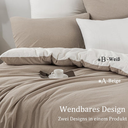 Nesture Bettwäsche-Set 200x200, 3-teilig, Baumwolle, Beige/Weiss