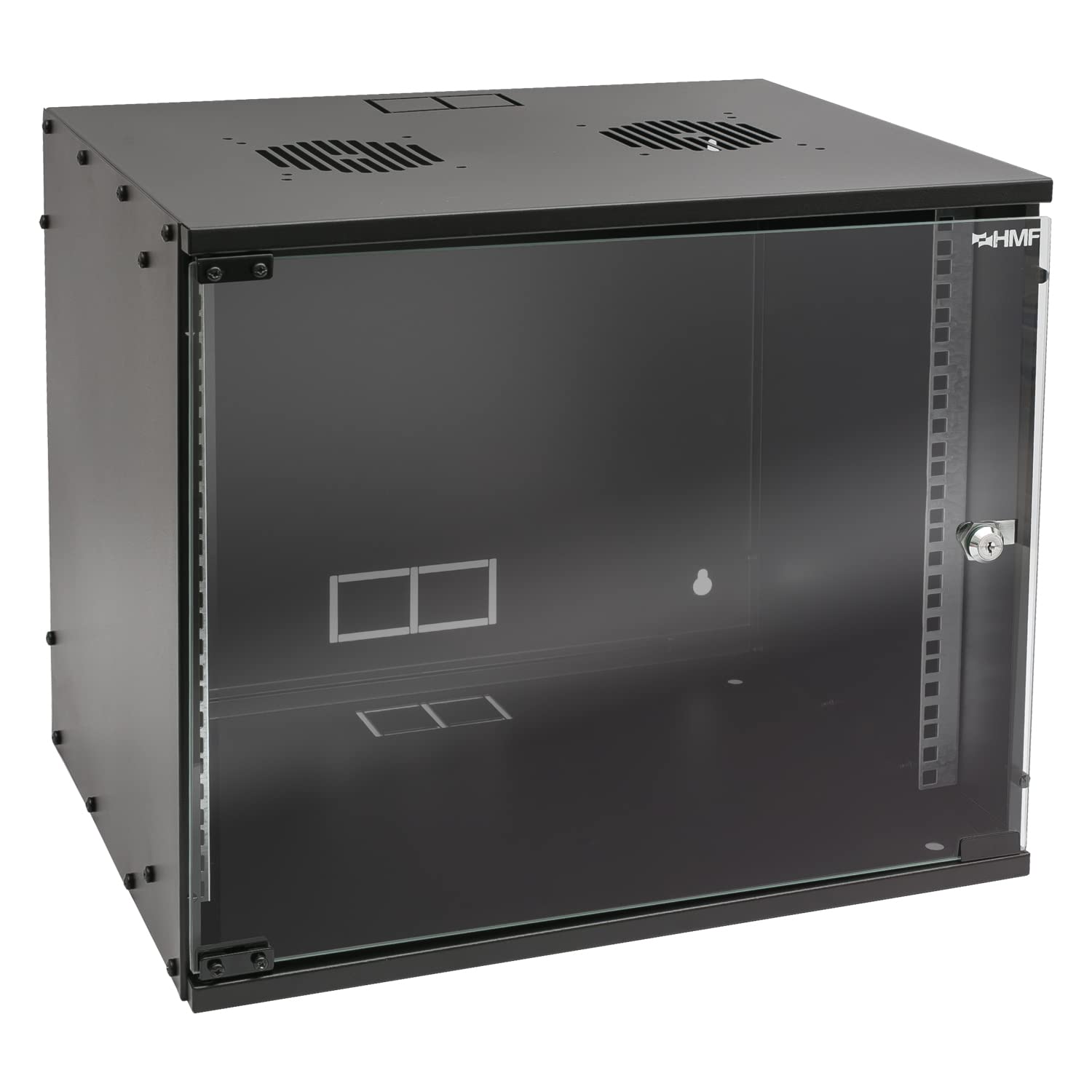 HMF 65709-02 Netzwerkschrank 19 Zoll - 9 HE 400mm Glastür Schwarz. Schwarzer 19-Zoll-Schrank mit Glastür zur Aufnahme von Netzwerkkomponenten.
