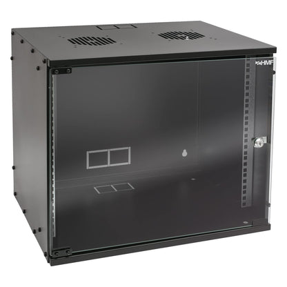 HMF 65709-02 Netzwerkschrank 19 Zoll - 9 HE 400mm Glastür Schwarz. Schwarzer 19-Zoll-Schrank mit Glastür zur Aufnahme von Netzwerkkomponenten.