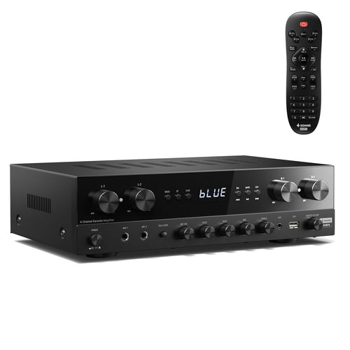 Donner Premium 4-Kanal Stereo Verstärker 1000W - Bluetooth Heimkino. Schwarzer, rechteckiger Verstärker für die Audio-Wiedergabe im Heimkino.