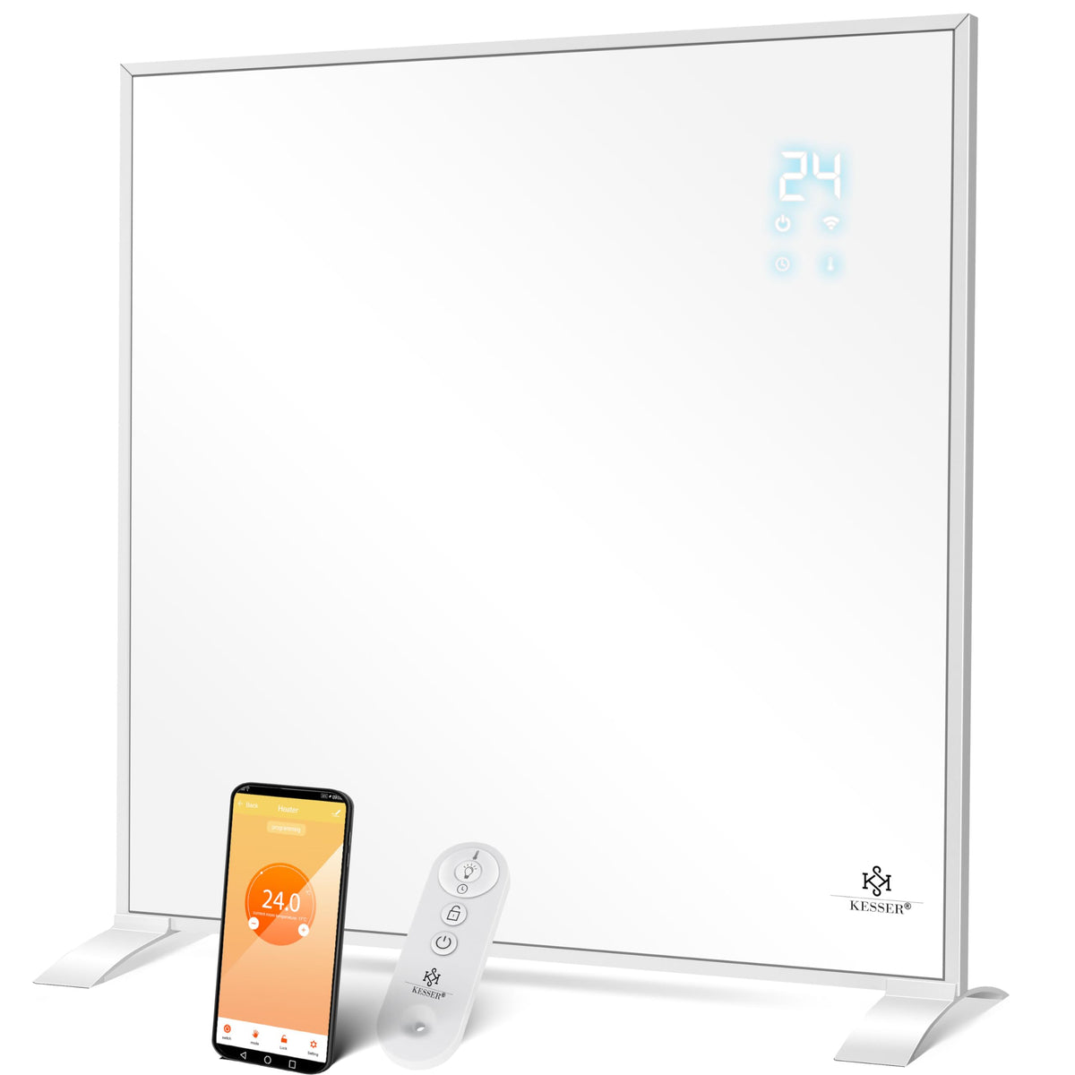 KESSER Infrarotheizung Heizpaneel - 350W Stand/Wand. Weißes, rechteckiges Paneel erzeugt Infrarotwärme zur punktuellen Raumbeheizung.