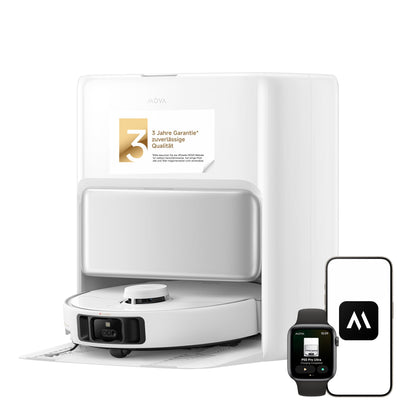 Mova P50 Pro Ultra Saugroboter mit Heisswasser-Mopp. Runder, schwarzer Roboter für autonome Bodenreinigung mit Heisswasser-Wischfunktion.