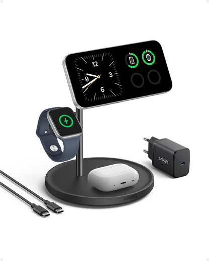 Anker MagGo 3-in-1 Kabelloser Ladeständer - 15W Qi2 MagSafe. Schwarzer Ständer lädt iPhone, Watch, AirPods gleichzeitig.