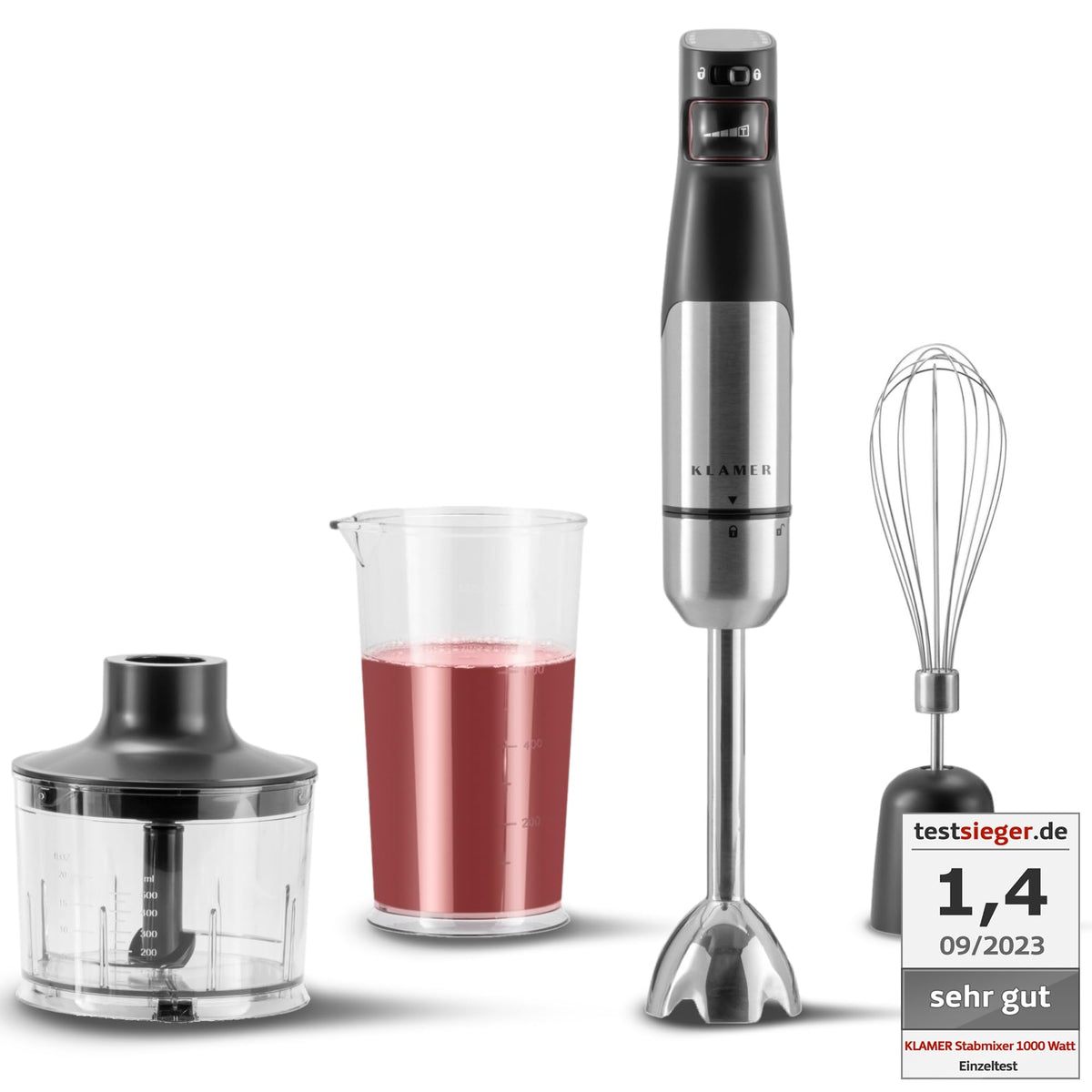 KLAMER Stabmixer Set 4-in-1 Pürierstab - 1000W Edelstahl. Silberner Pürierstab aus Edelstahl püriert Speisen direkt im Topf.
