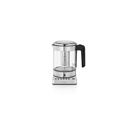 WMF Küchenminis 2in1 Vario Wasserkocher Teekocher Glas 1,0l, transparenter Glaszylinder mit silbernem Sockel. Kocht Wasser, brüht Tee präzise.
