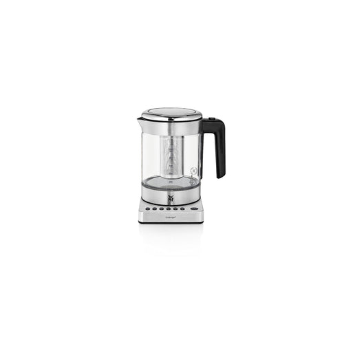 WMF Küchenminis 2in1 Vario Wasserkocher Teekocher Glas 1,0l, transparenter Glaszylinder mit silbernem Sockel. Kocht Wasser, brüht Tee präzise.
