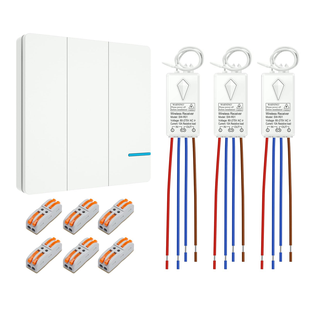Thinkbee Funk Lichtschalter Set 230V, 3-fach mit 3 Empfängern, IP66 – Funktaster und Empfänger für Lampen