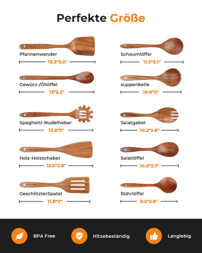 Mooues Kochbesteck-Set aus natürlichem Teakholz, 10-teilig
