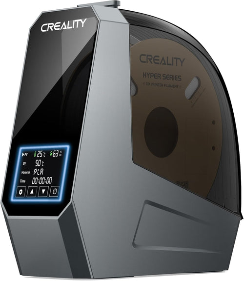 Creality Space PI 3D Drucker Filament Trockner 360° Heizung. Schwarzes, zylindrisches Gehäuse. Entfeuchtet 3D-Drucker-Filament für bessere Druckqualität.