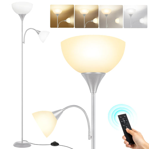OUTON Stehlampe Leselampe Deckenfluter LED Dimmbar – Silber Grau. Silber graue Leuchte mit flexiblem Lesearm und Deckenfluter für dimmbares Raum- und Leselicht.