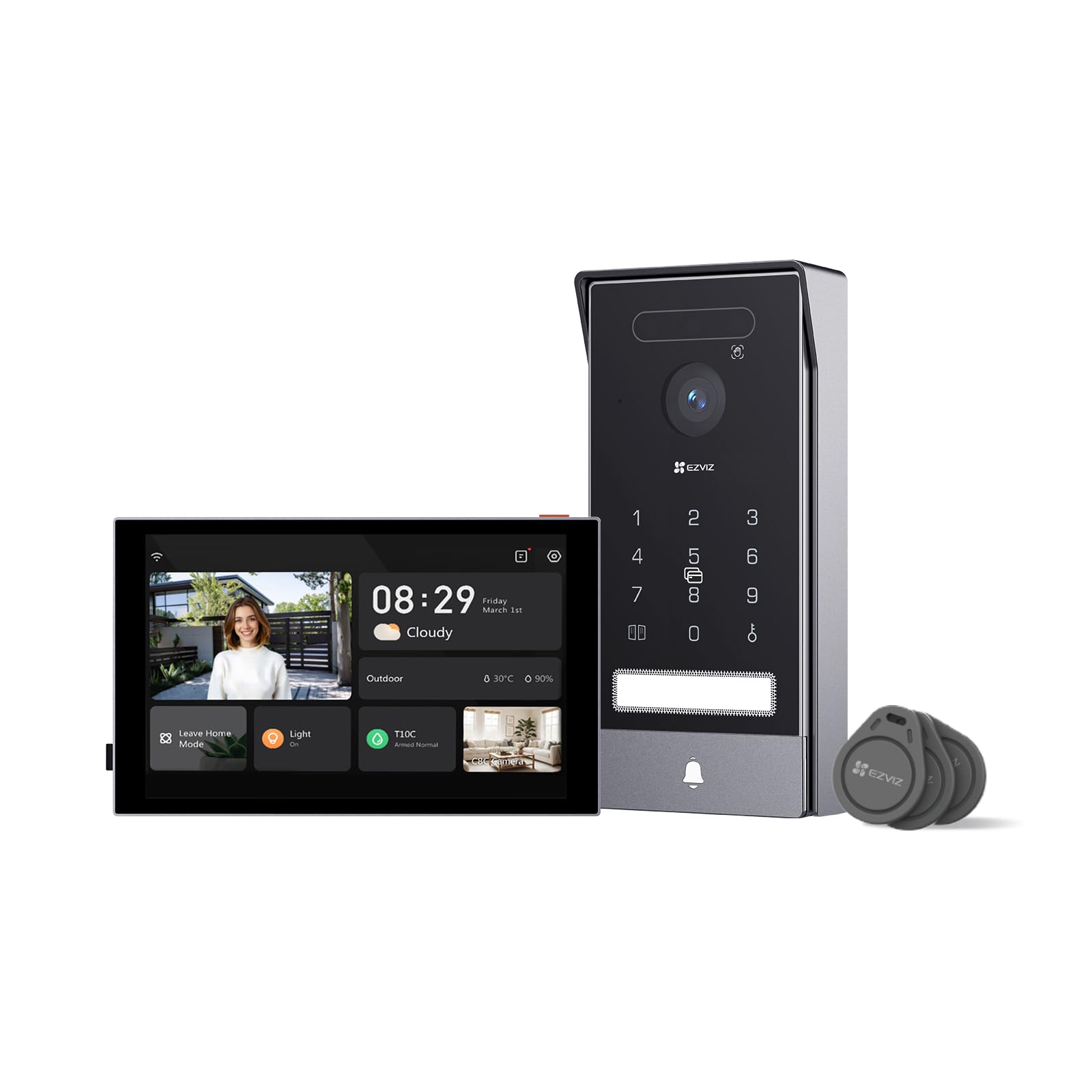 EZVIZ HP7 Pro 4K Türsprechanlage mit 8" Touchscreen - 2-Draht Bus. Schwarzes, rechteckiges Gerät. Überwacht Eingang per 4K Video.