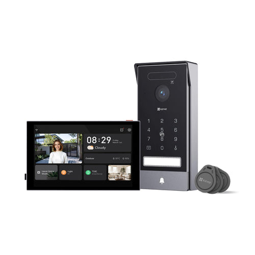 EZVIZ HP7 Pro 4K Türsprechanlage mit 8" Touchscreen - 2-Draht Bus. Schwarzes, rechteckiges Gerät. Überwacht Eingang per 4K Video.