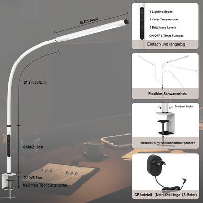 EYOCEAN LED Schreibtischlampe Klemmleuchte mit Schwanenhals, weiss
