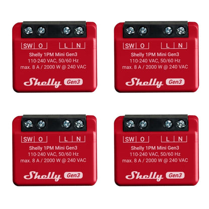 Shelly 1PM Mini Gen3 Smart WLAN-Relais mit Leistungsmessung - 4er Pack. Weiße Schaltaktoren für Elektrogeräte.