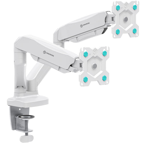 ONKRON G160 Dual Monitor Halterung Gasdruckfeder - Weiss. Weiße Dual Monitor Halterung mit Gasdruckfeder-Armen für ergonomische Positionierung zweier Bildschirme am Schreibtisch.