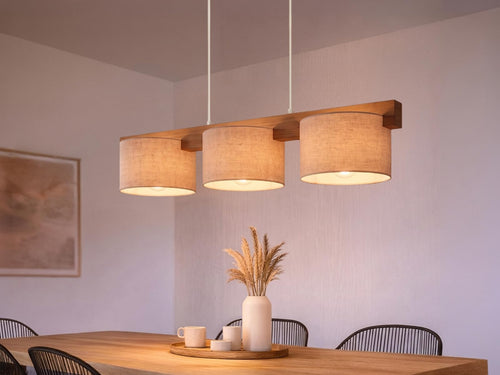 meineWunschleuchte Pendelleuchte Holz Stoff Beige 3-flammig E27 mit hellem Holzbalken und beigen Stoffschirmen