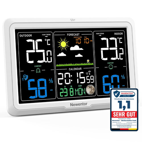 Newentor Funk-Wetterstation mit Aussensensor, VA-Display, DCF-Funkuhr, weiss, für Wandmontage oder Standbetrieb