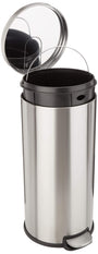 Amazon Basics runder Mülleimer Soft-Close - Edelstahl 30l. Runder, silberfarbener Edelstahlbehälter mit Soft-Close-Deckel zur Abfallentsorgung.