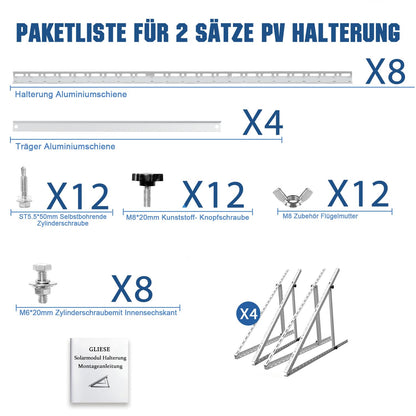GLIESE Solarmodul Halterung 114 cm, 2er-Set, Aluminium, 0-90°