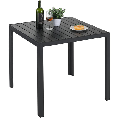 LIFERUN Gartentisch D-058, Aluminium WPC Balkontisch 75x75 cm Schwarz, quadratische gestreifte Tischplatte