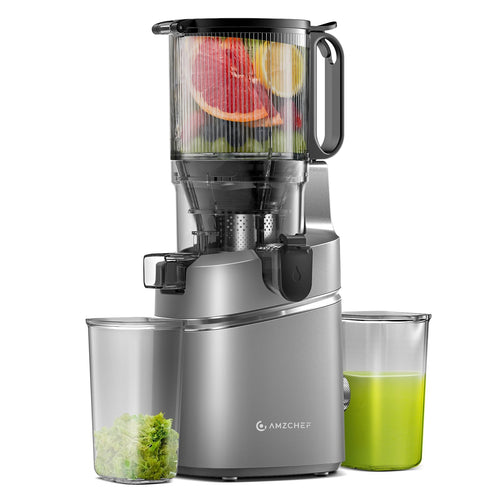 AMZCHEF Entsafter Slow Juicer XXL Öffnung, grau. Vertikaler Kaltpress-Entsafter für schonende Saftextraktion aus Obst/Gemüse.
