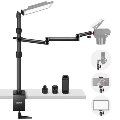 NEEWER TL253A+MH022 Kamera Tischhalterung - Teleskop 1.2m Klapparm. Schwarze Metallkonstruktion. Hält Kameras flexibel am Tisch für Streaming/Vlogging.