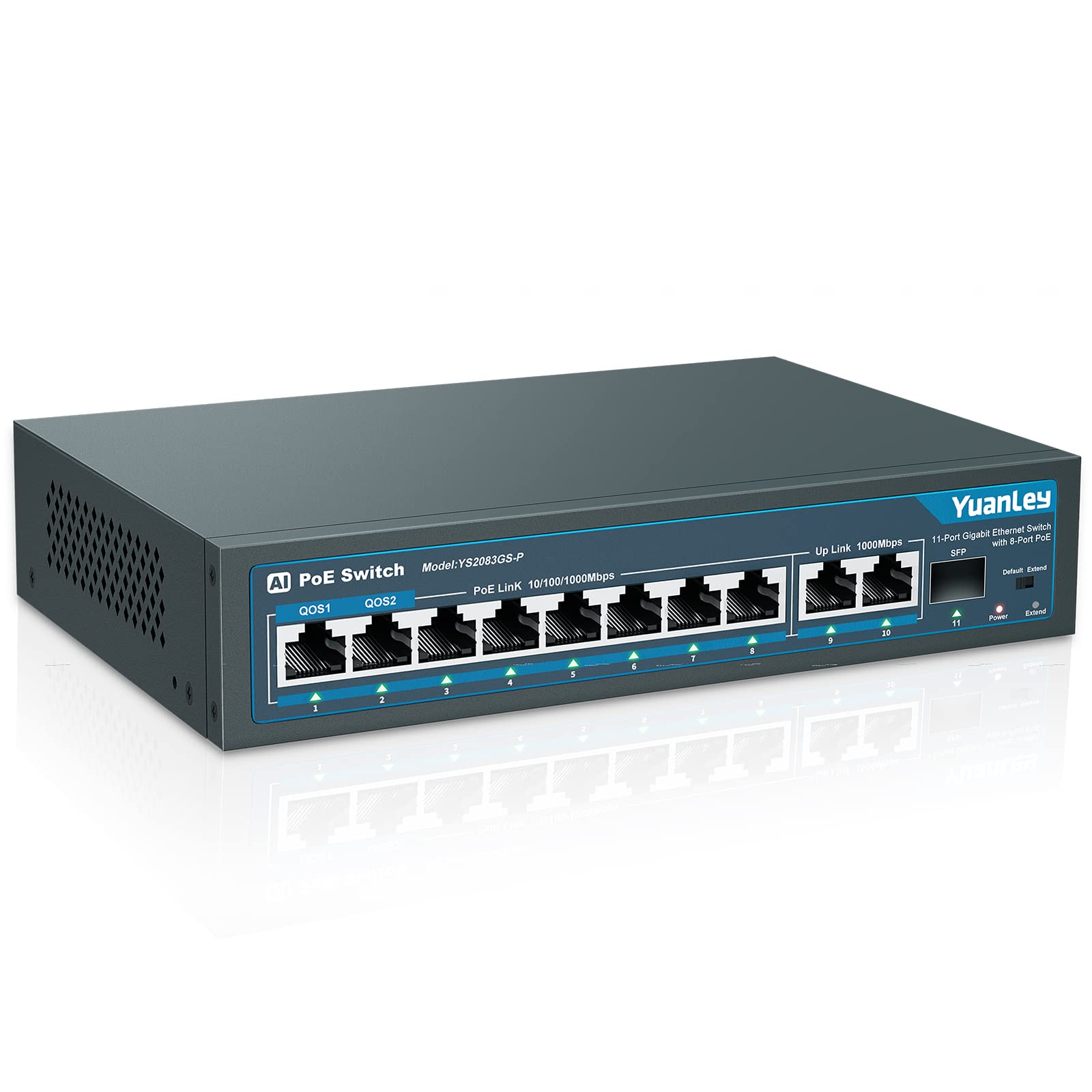 YuanLey 11 Port Gigabit PoE Switch - 8 PoE+ Ports, Unmanaged. Schwarzer, rechteckiger Switch für Daten & PoE Stromversorgung.