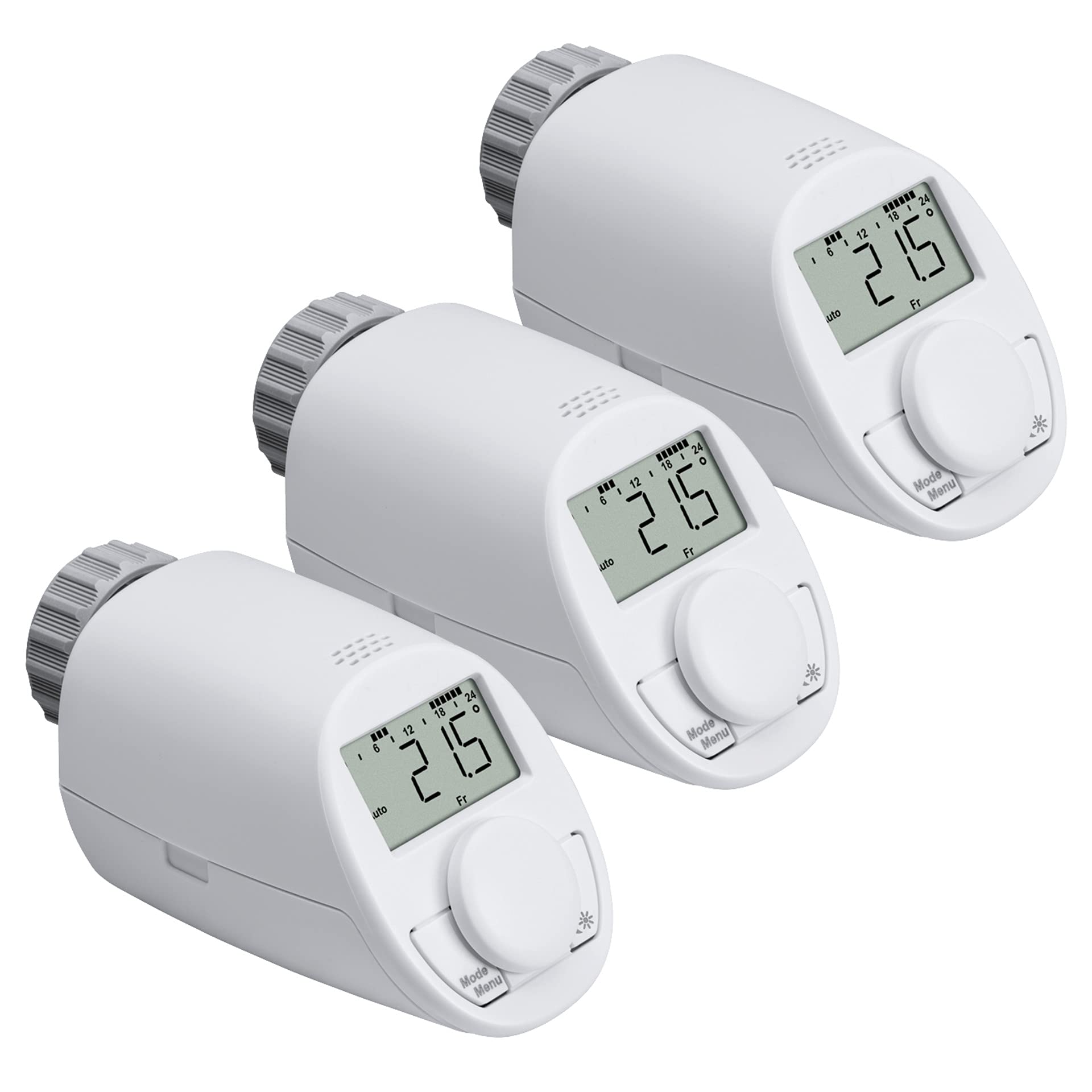 eqiva Model N Elektronik-Heizkörperthermostat - 3er-Set. Weiße, kompakte Thermostate regeln Heizkörpertemperatur für Energieeffizienz.