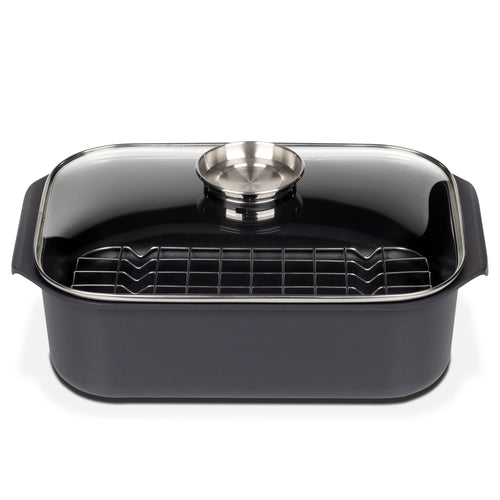GSW Rechteckbräter Gourmet Aluguss mit Deckel und Grilleinsatz 8 L, schwarz, rechteckig, Glasdeckel
