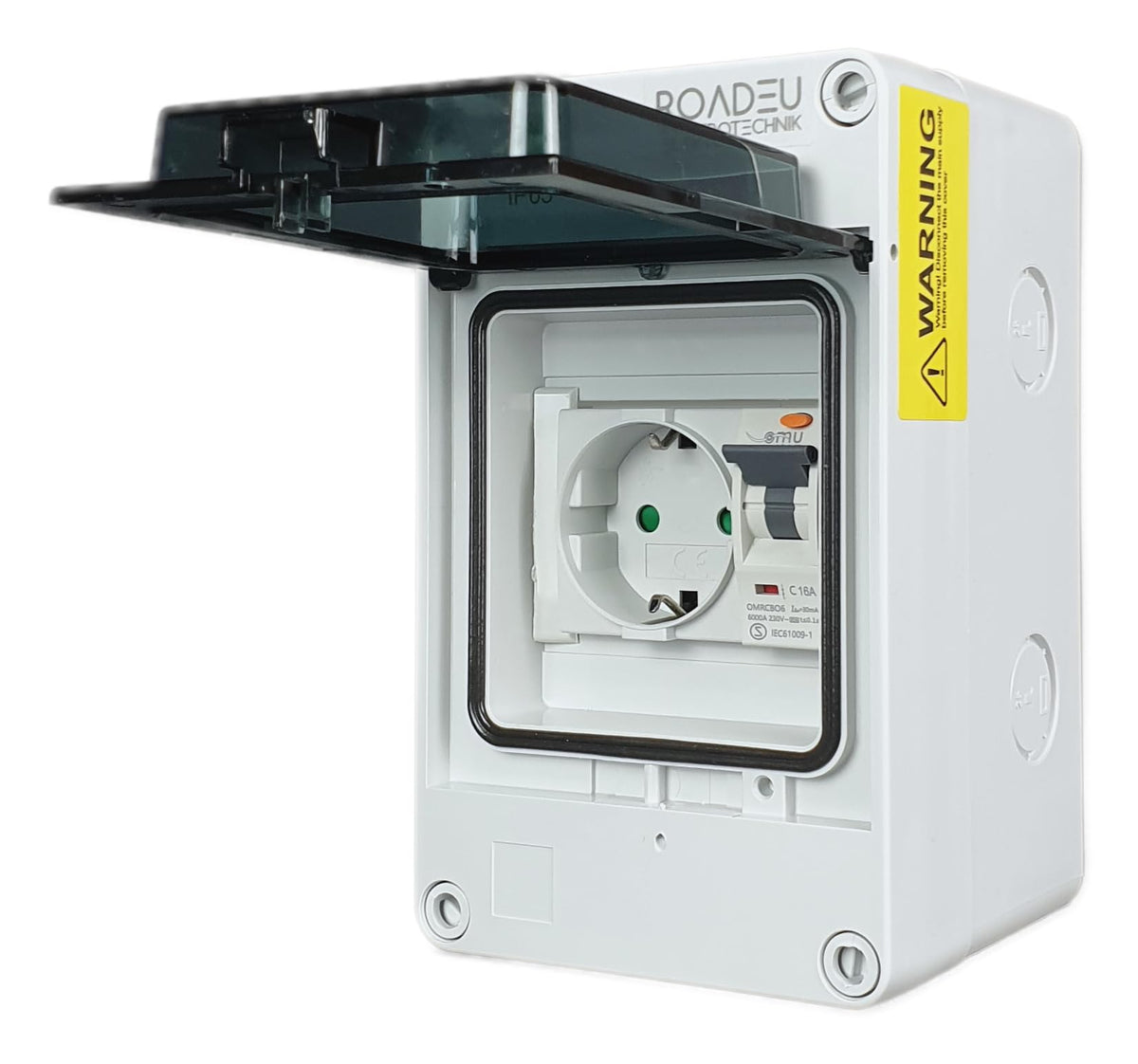 RoadEu Schuko Wandverteiler FI Schutzschalter IP65 – 16A 230V: Verteilt Strom mit FI-Schutz für raue Umgebungen.