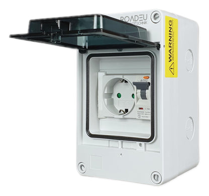 RoadEu Schuko Wandverteiler FI Schutzschalter IP65 – 16A 230V: Verteilt Strom mit FI-Schutz für raue Umgebungen.