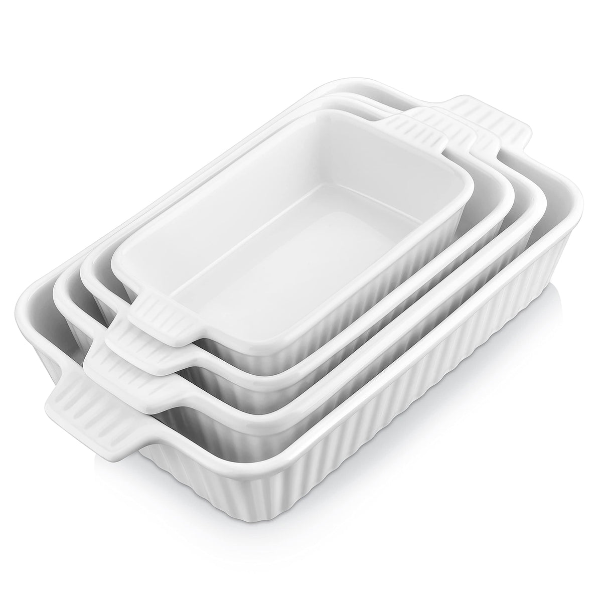 MALACASA Auflaufform Set 4-teilig, Keramik Backformen rechteckig weiss mit Griffen