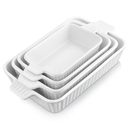 MALACASA Auflaufform Set 4-teilig, Keramik Backformen rechteckig weiss mit Griffen
