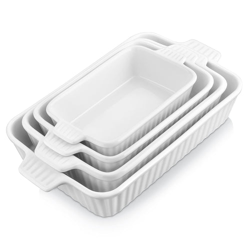 MALACASA Auflaufform Set 4-teilig, Keramik Backformen rechteckig weiss mit Griffen