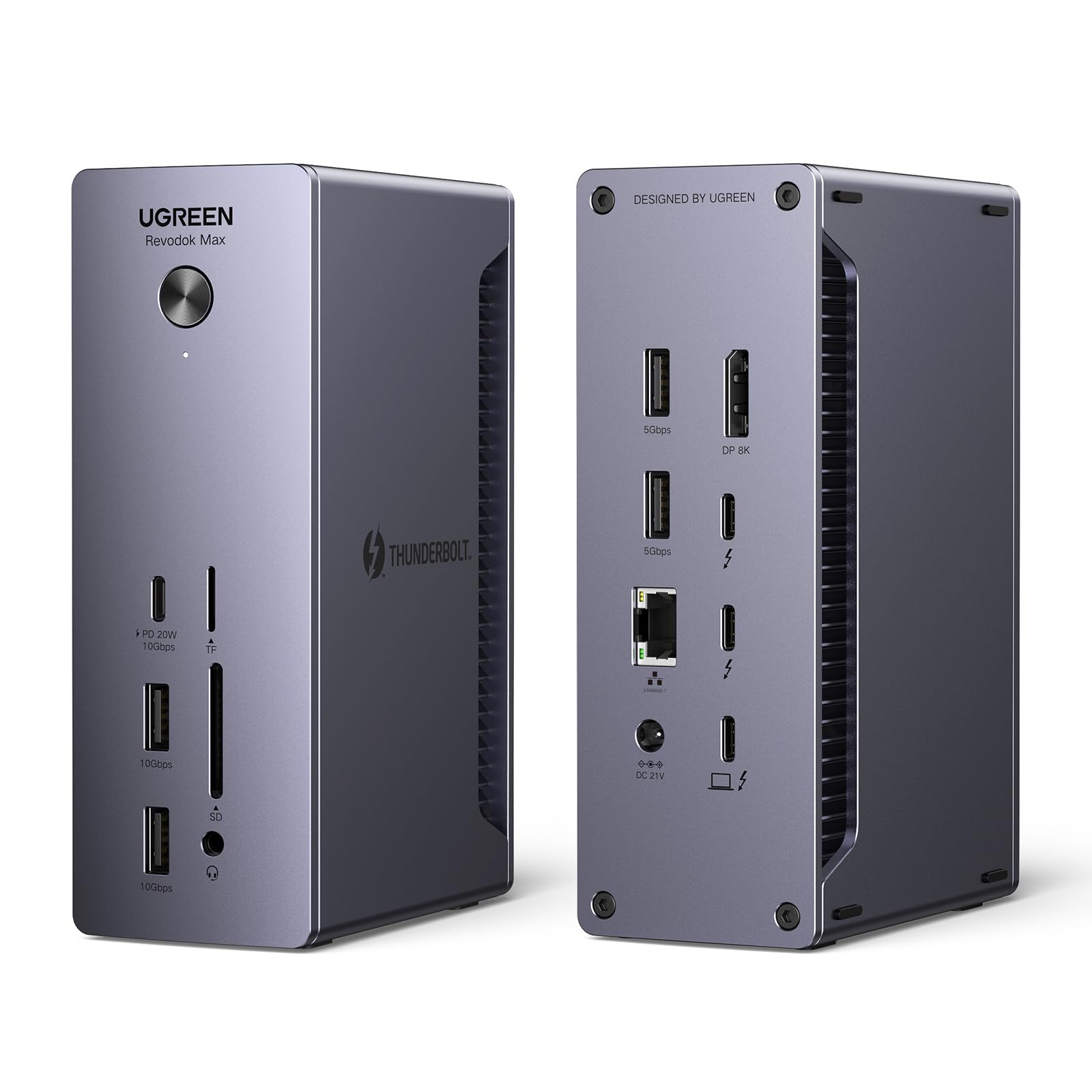 UGREEN Revodok Max 213 Thunderbolt 4 Dock 13-in-1. Rechteckig, dunkelgrau. Erweitert Konnektivität auf 13 Ports für Peripheriegeräte.