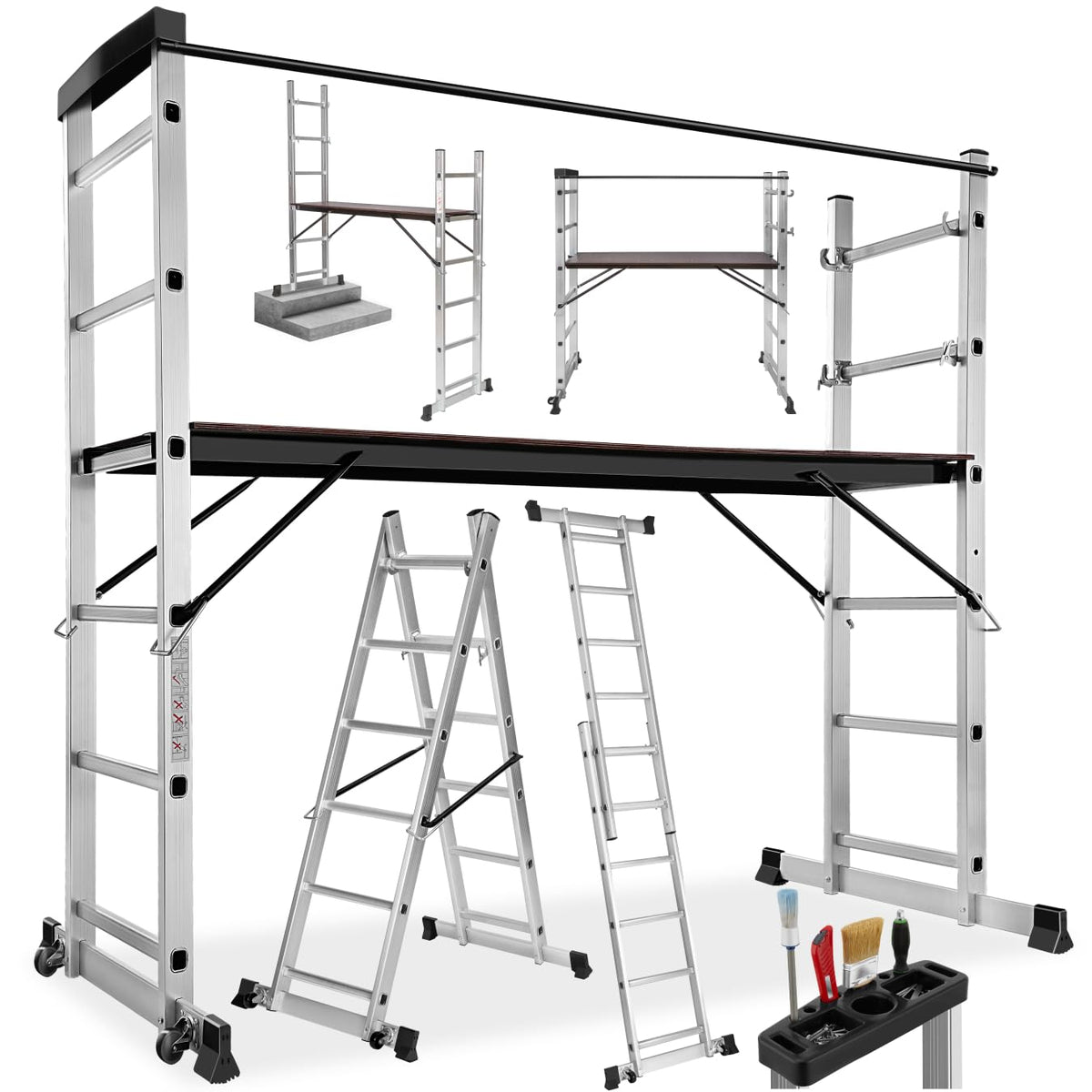 TecTake Alu Rollgerüst Mehrzweckleiter 4 in 1 - Silber: Silbernes Alu-Gerüst, vielseitig als Rollgerüst/Mehrzweckleiter für Arbeiten in der Höhe.