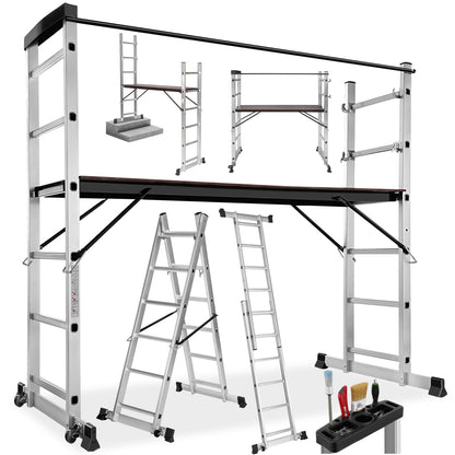 TecTake Alu Rollgerüst Mehrzweckleiter 4 in 1 - Silber: Silbernes Alu-Gerüst, vielseitig als Rollgerüst/Mehrzweckleiter für Arbeiten in der Höhe.