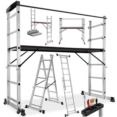 TecTake Alu Rollgerüst Mehrzweckleiter 4 in 1 - Silber: Silbernes Alu-Gerüst, vielseitig als Rollgerüst/Mehrzweckleiter für Arbeiten in der Höhe.