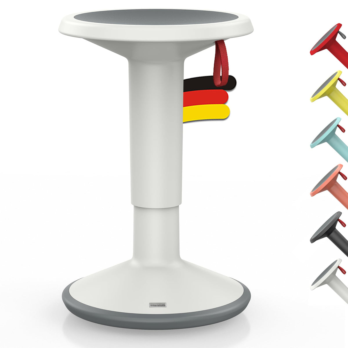 Interstuhl UPis1 Bürohocker – Grauweiss UP Designhocker. Grauweisser Rundhocker. Fördert aktives Sitzen am Schreibtisch.