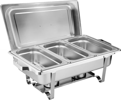 Morleos Chafing-Dish Speisewärmer - 3x 1/3 GN 65 mm Edelstahl. Rechteckig, aus Edelstahl. Zum Warmhalten von Speisen in drei 1/3 GN-Behältern auf Buffets.