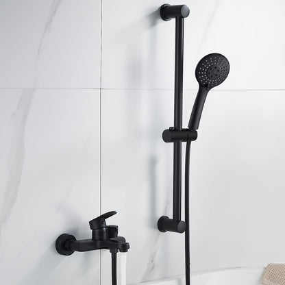 Wannenarmatur Duschsystem Schwarz – Komplettset mit Handbrause: Schwarze Armatur mit Duschstange zur Badewannenbefüllung und Dusche.