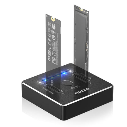 FIDECO M.2 NVMe SATA SSD Docking Station Dual Offline Klon: Schwarzes Rechteckgehäuse zum schnellen Offline-Klonen und Docken von M.2 NVMe/SATA SSDs.