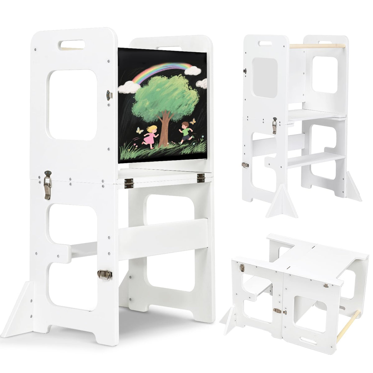 Labebe Montessori Lernturm Faltbar Multifunktion 3in1 - Weiss. Weißer, faltbarer Lernturm. Ermöglicht Kindern sicheres Erreichen von Arbeitsflächen als Küchenhilfe.