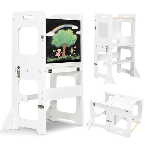 Labebe Montessori Lernturm Faltbar Multifunktion 3in1 - Weiss. Weißer, faltbarer Lernturm. Ermöglicht Kindern sicheres Erreichen von Arbeitsflächen als Küchenhilfe.