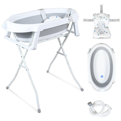 Ansobea Faltbare Baby-Badewanne mit Ständer – Grau. Ovale, graue Badewanne mit Ständer zum Baden; faltbar, platzsparend lagerbar.
