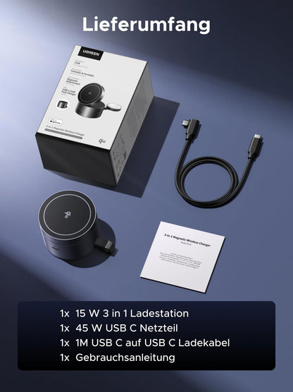 UGREEN MagFlow 3-in-1 Ladestation Magsafe Qi2 15W