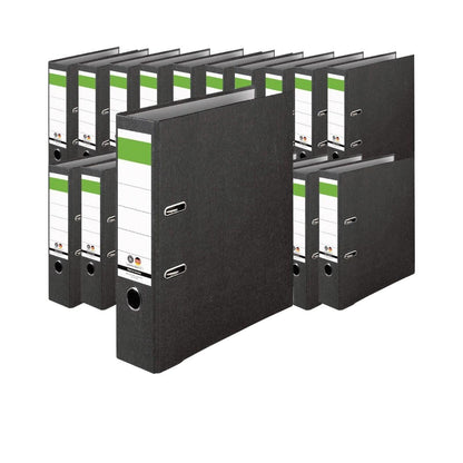 IC-Office Aktenordner A4, 20er Pack, schwarz, 2-Ring-Hebelmechanik, aus Karton, mit grünem Balken am Rückenschild