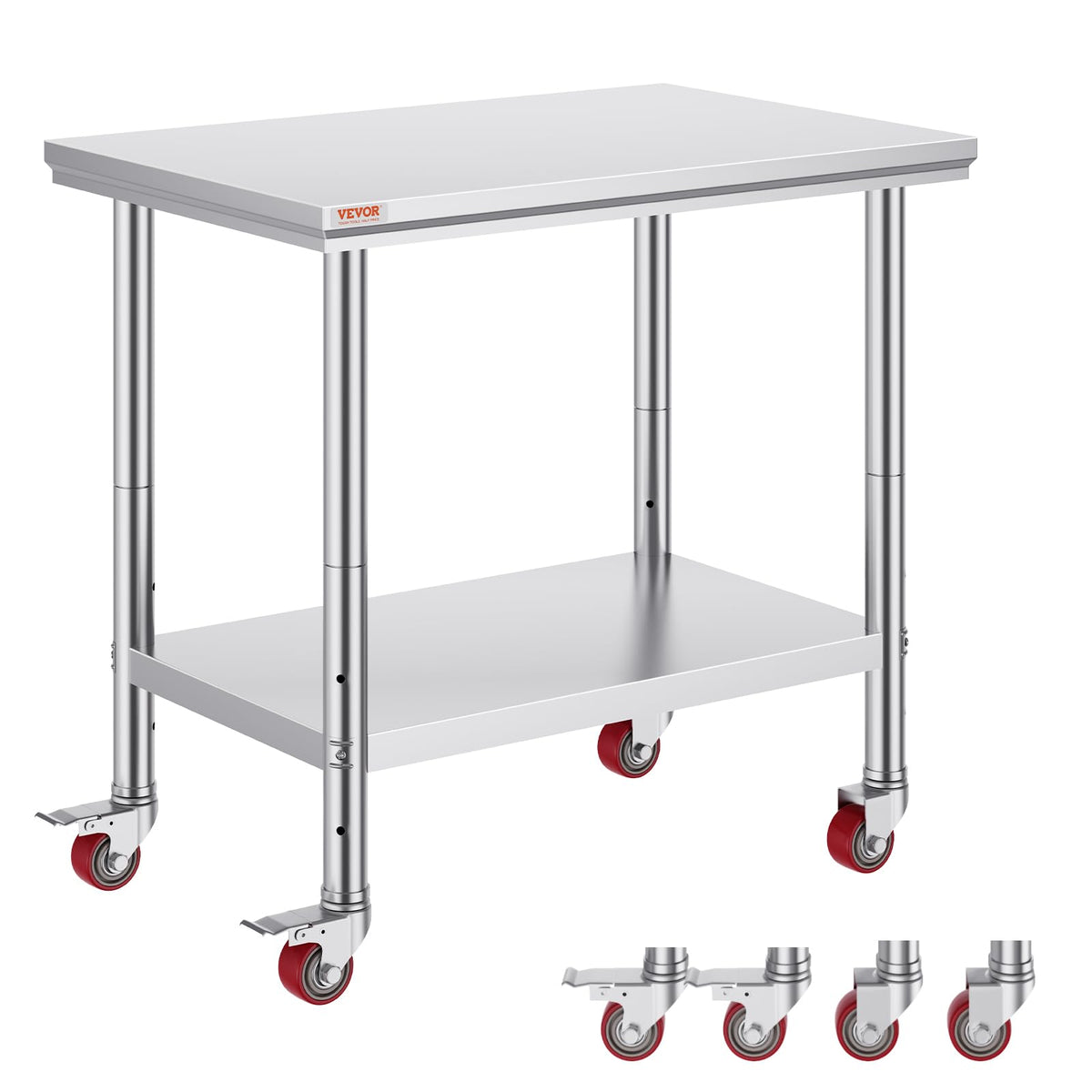 VEVOR Edelstahl Arbeitstisch Küche – 90x60x85cm mit Rollen. Rechteckiger, silberner Edelstahltisch zur Nutzung in Küchen und Gastronomie.