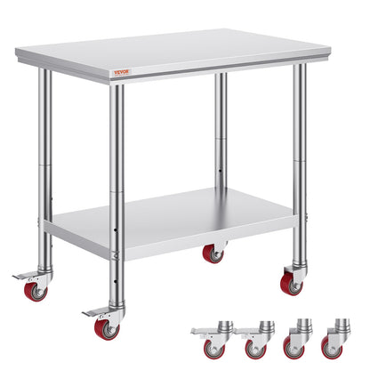VEVOR Edelstahl Arbeitstisch Küche – 90x60x85cm mit Rollen. Rechteckiger, silberner Edelstahltisch zur Nutzung in Küchen und Gastronomie.